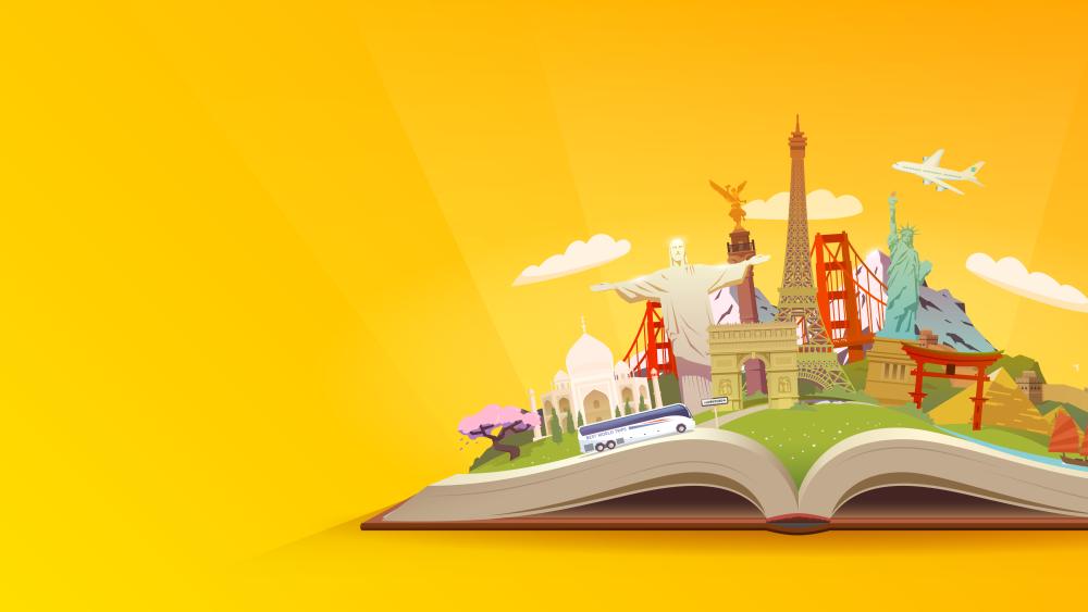 An open book with famous world landmarks rising up from the pages